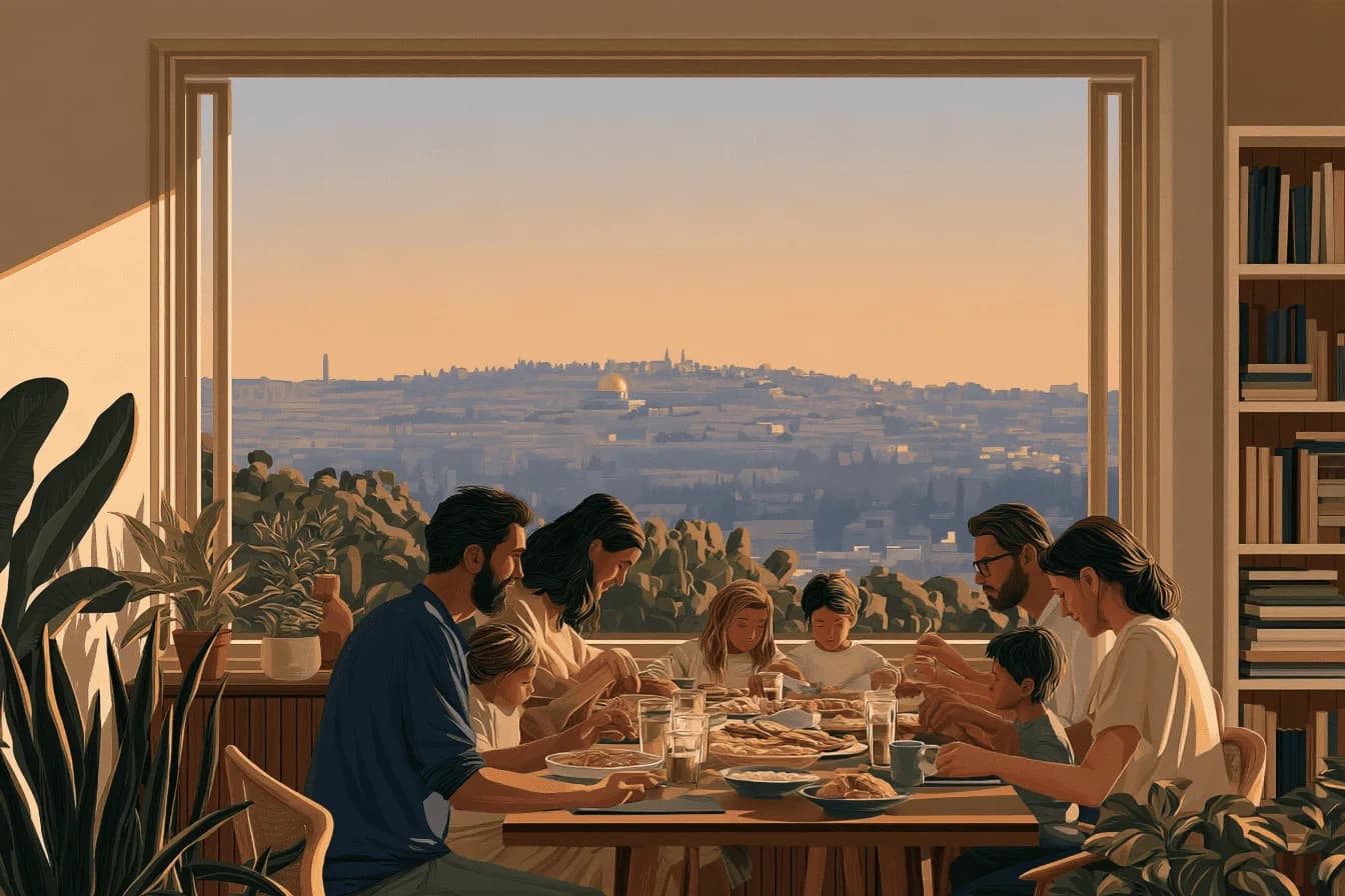 Families sharing a Shabbat meal overlooking Jerusalem